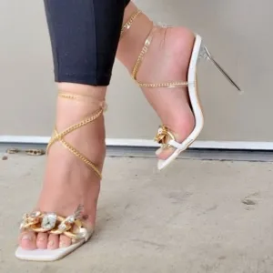 Womens White Strappy  Rhinestones Chain Sandals