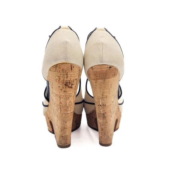 YSL Yves Saint Laurent Canvass Cork Platform Wedge Open Toe Shoes EU 38
