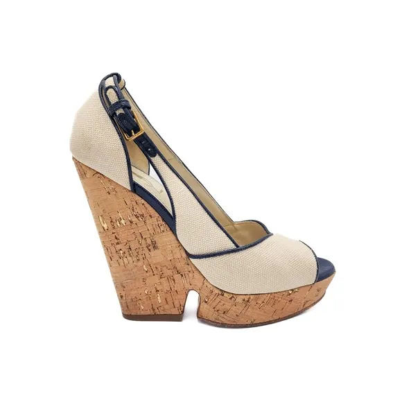 YSL Yves Saint Laurent Canvass Cork Platform Wedge Open Toe Shoes EU 38