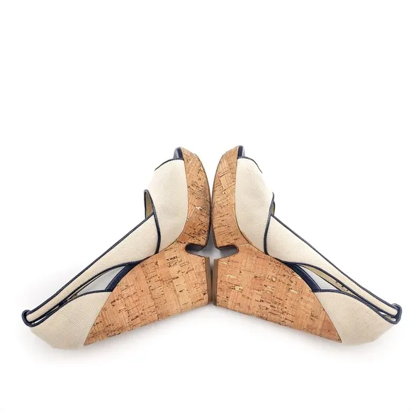 YSL Yves Saint Laurent Canvass Cork Platform Wedge Open Toe Shoes EU 38