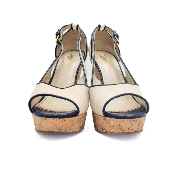 YSL Yves Saint Laurent Canvass Cork Platform Wedge Open Toe Shoes EU 38