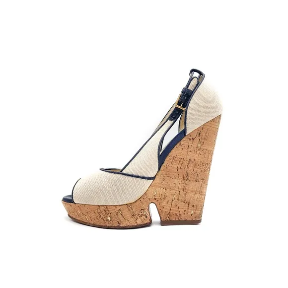 YSL Yves Saint Laurent Canvass Cork Platform Wedge Open Toe Shoes EU 38