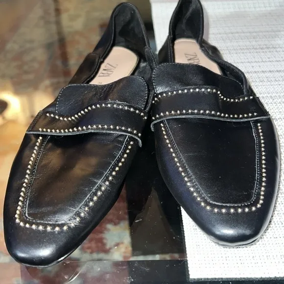 Zara Women Soft leather loafers with micro-studs